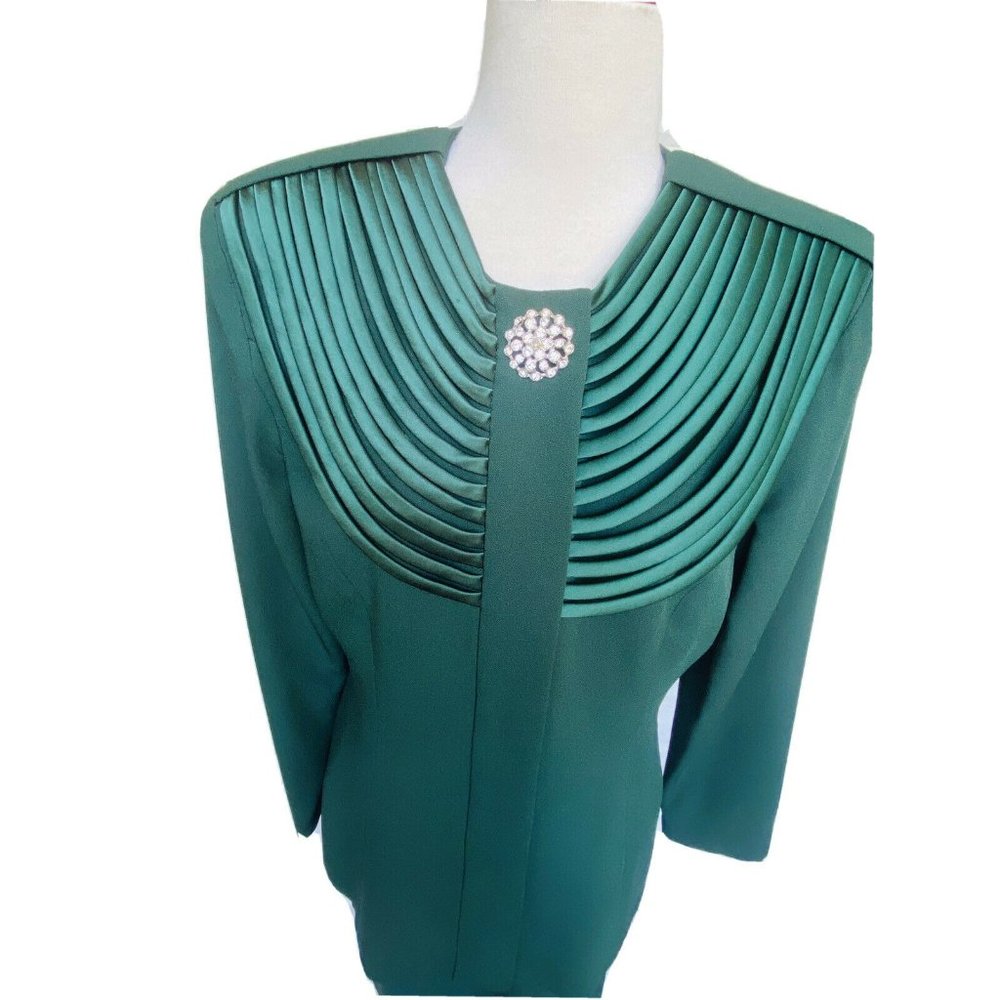 Karen Lawrence by Matthew Vintage Emerald Green Two-Piece Skirt Suit Bib Collar - Picture 3 of 12